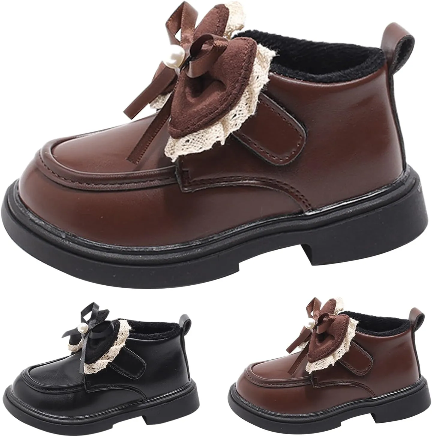 Little Girls Winter Cute Bowknot Short Dress Boot Low Heel Anti Slip Comfortable Fashion Girls Leather Shoes