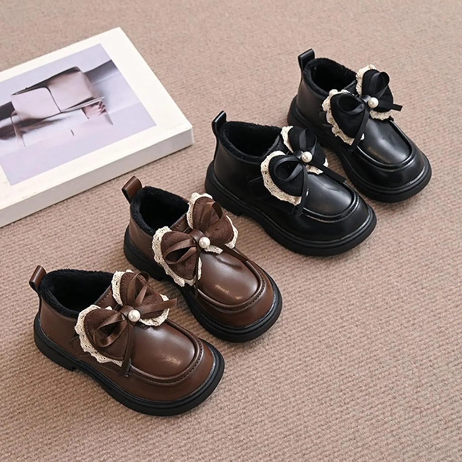 Little Girls Winter Cute Bowknot Short Dress Boot Low Heel Anti Slip Comfortable Fashion Girls Leather Shoes