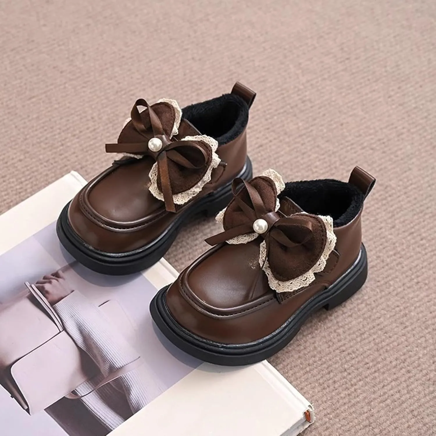 Little Girls Winter Cute Bowknot Short Dress Boot Low Heel Anti Slip Comfortable Fashion Girls Leather Shoes