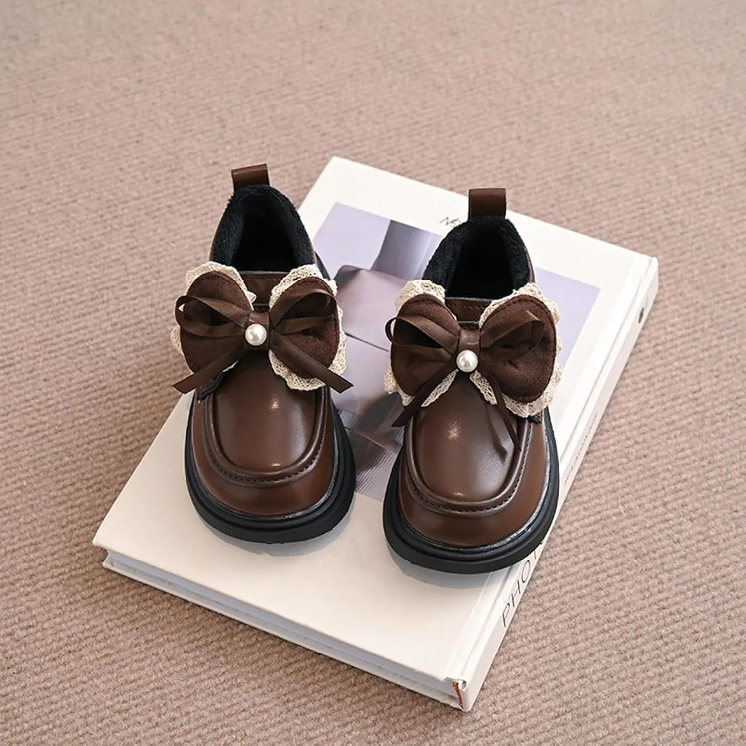 Little Girls Winter Cute Bowknot Short Dress Boot Low Heel Anti Slip Comfortable Fashion Girls Leather Shoes