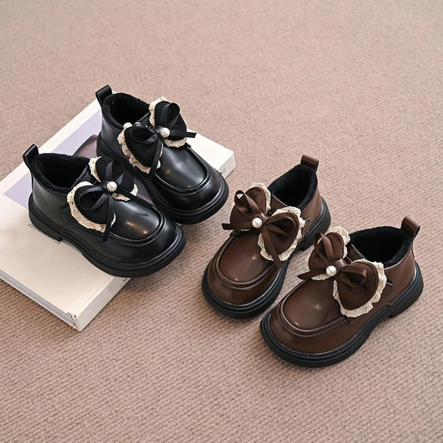 Little Girls Winter Cute Bowknot Short Dress Boot Low Heel Anti Slip Comfortable Fashion Girls Leather Shoes