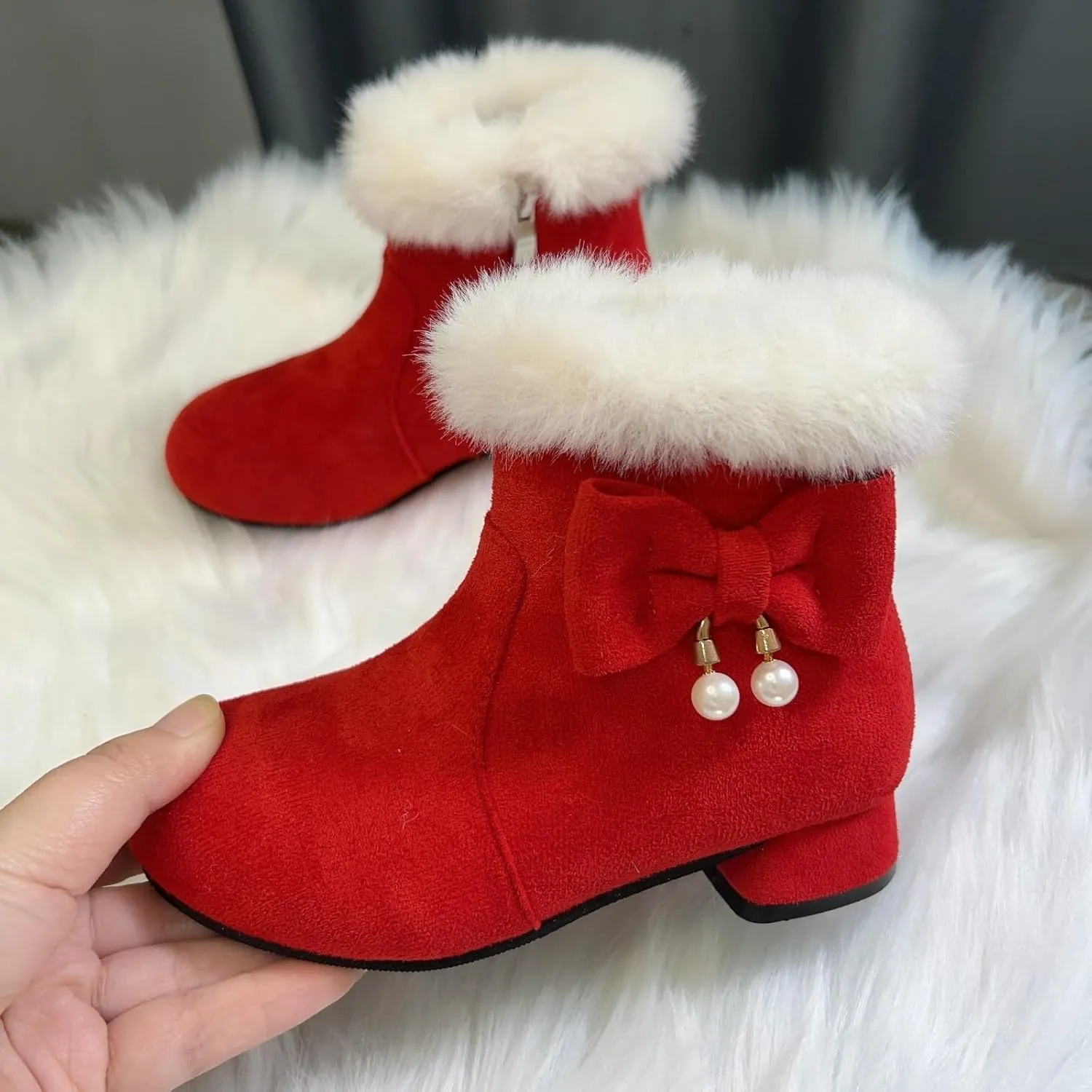 Low Heel Fuzzy Booties For Girls Kids Teen Girl Bow Outdoor Snow Boots Shoes Children Princess Winter Warm Thick Shoes