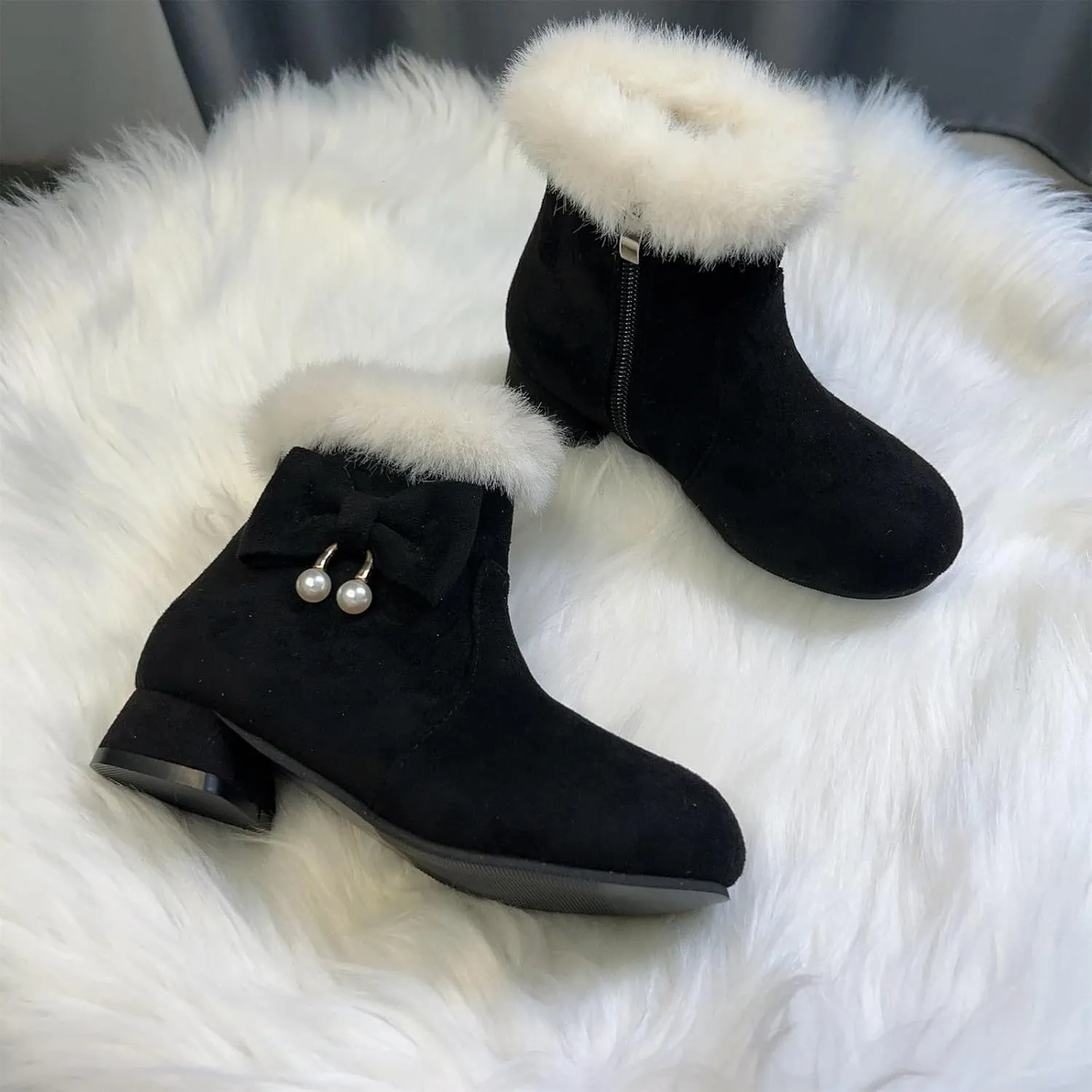 Low Heel Fuzzy Booties For Girls Kids Teen Girl Bow Outdoor Snow Boots Shoes Children Princess Winter Warm Thick Shoes