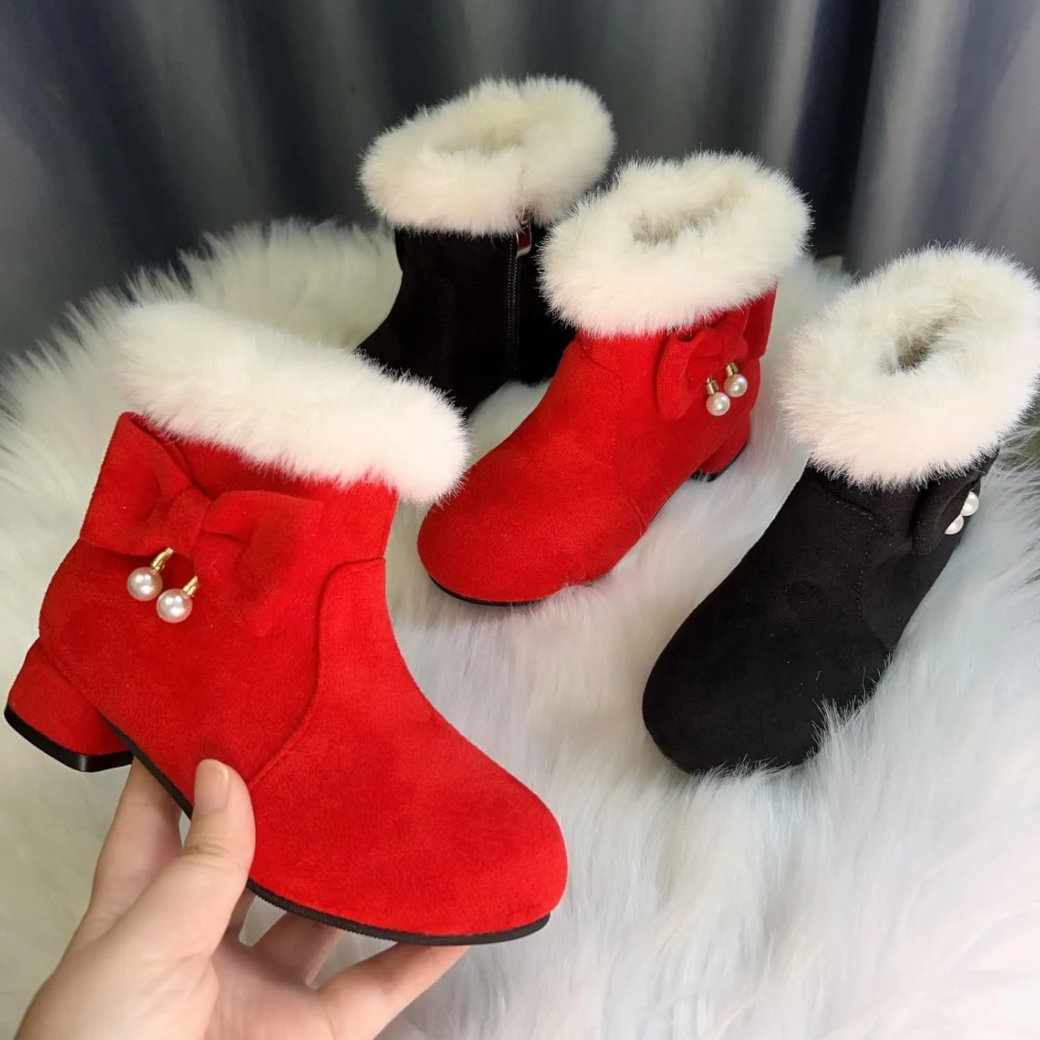 Low Heel Fuzzy Booties For Girls Kids Teen Girl Bow Outdoor Snow Boots Shoes Children Princess Winter Warm Thick Shoes