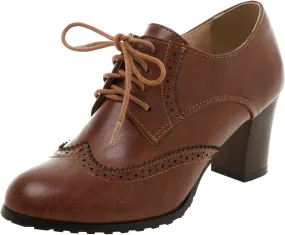 LUXMAX Womens Plaid Lace Up Wingtip Oxfords Brogues Shoes Stacked Block Heel Pumps