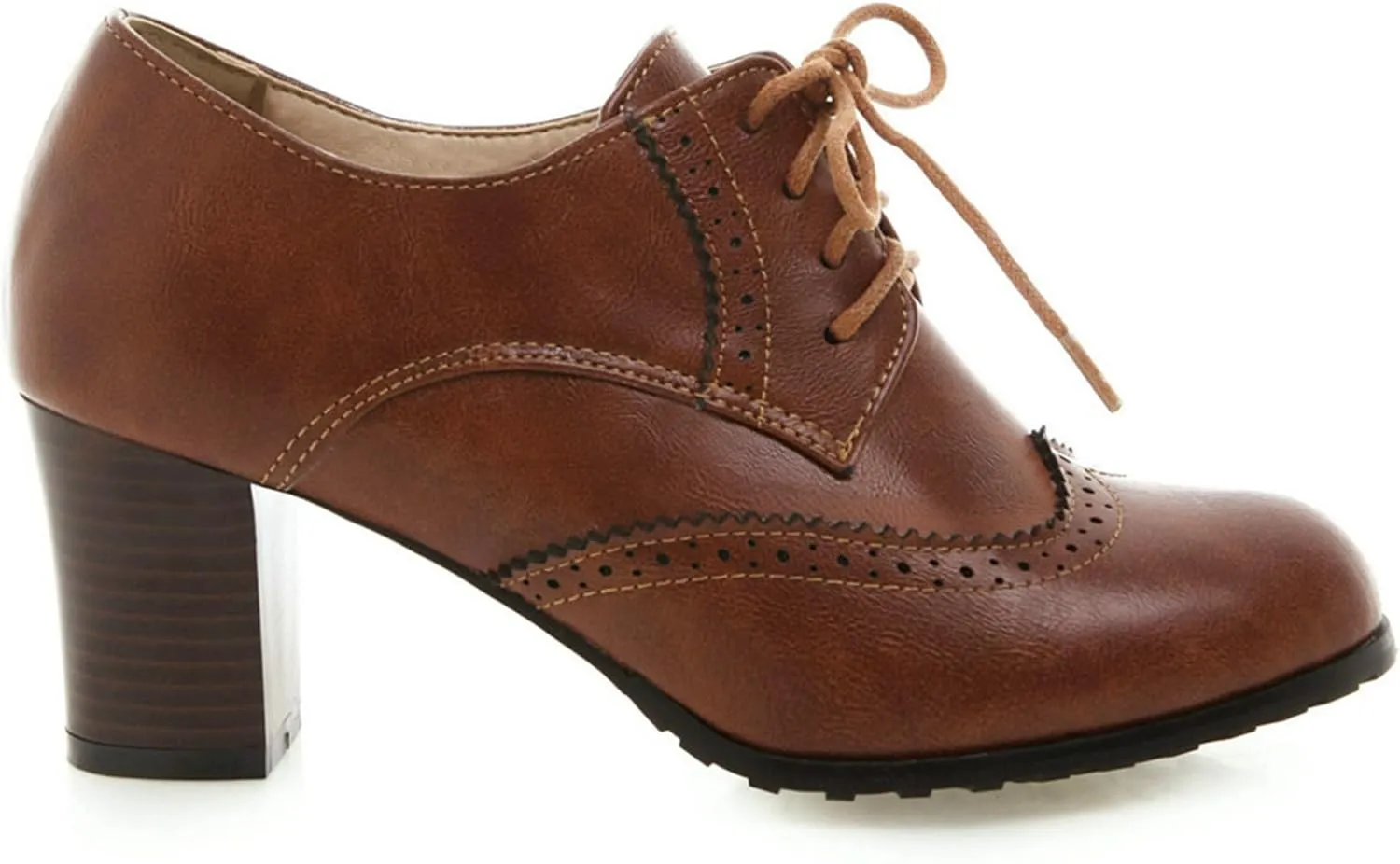LUXMAX Womens Plaid Lace Up Wingtip Oxfords Brogues Shoes Stacked Block Heel Pumps