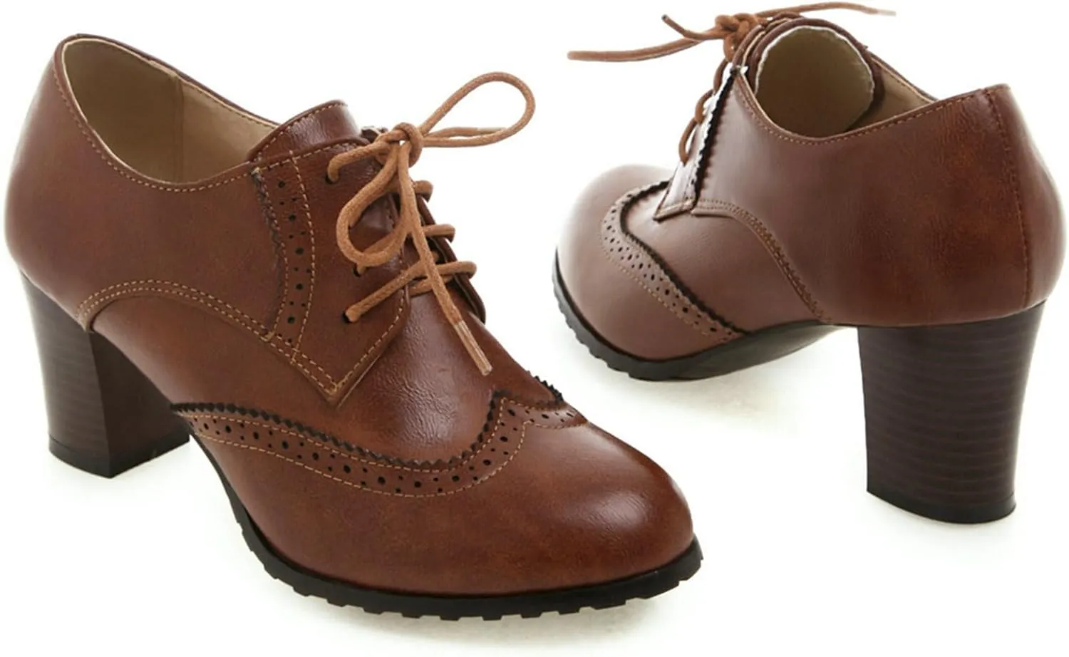 LUXMAX Womens Plaid Lace Up Wingtip Oxfords Brogues Shoes Stacked Block Heel Pumps