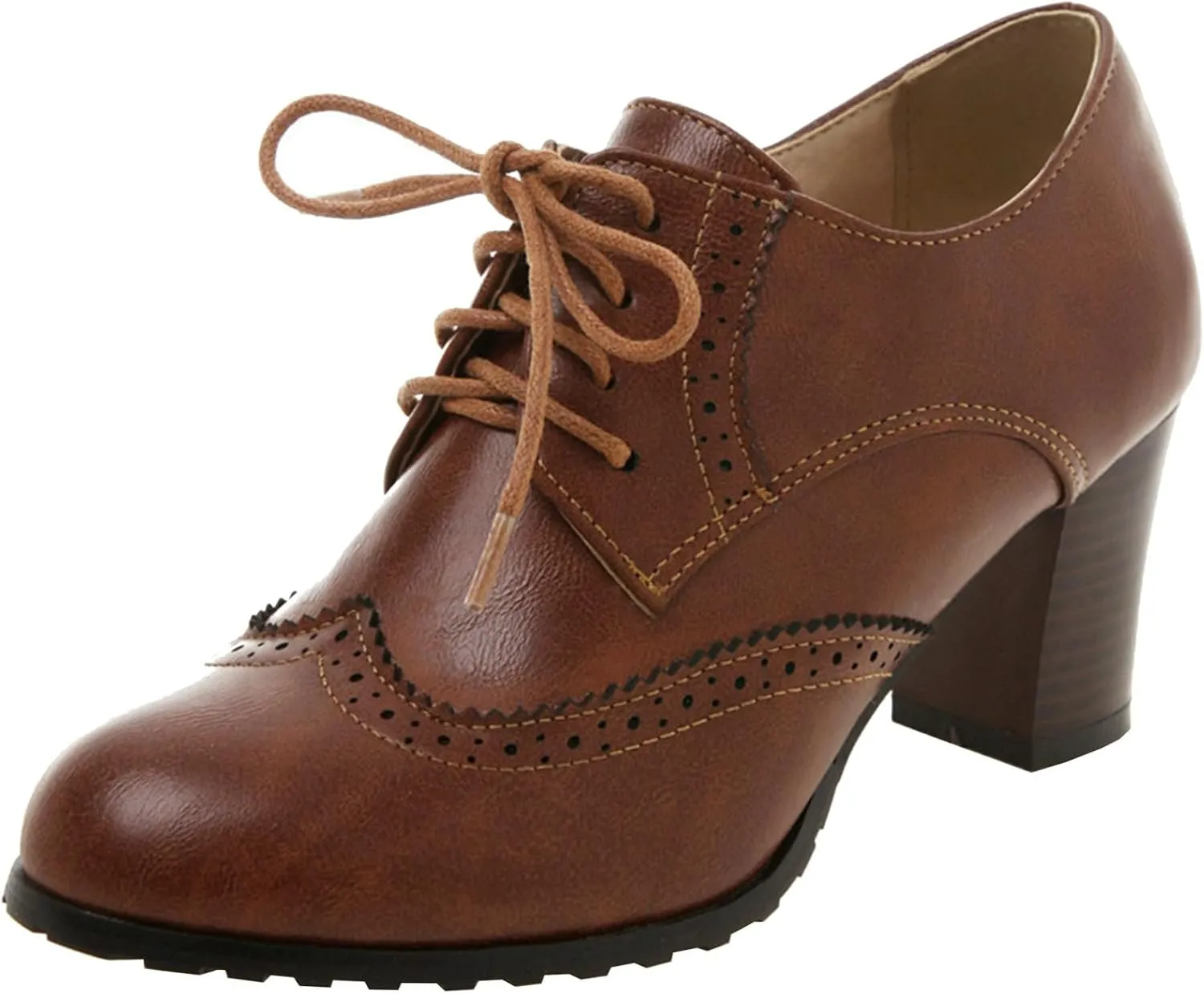 LUXMAX Womens Plaid Lace Up Wingtip Oxfords Brogues Shoes Stacked Block Heel Pumps