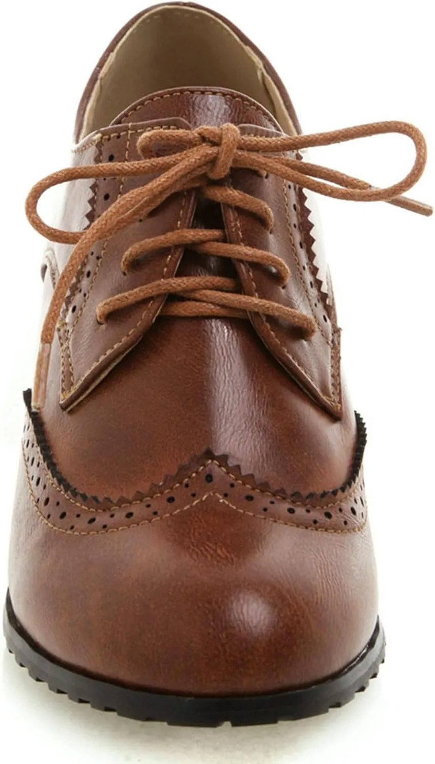 LUXMAX Womens Plaid Lace Up Wingtip Oxfords Brogues Shoes Stacked Block Heel Pumps