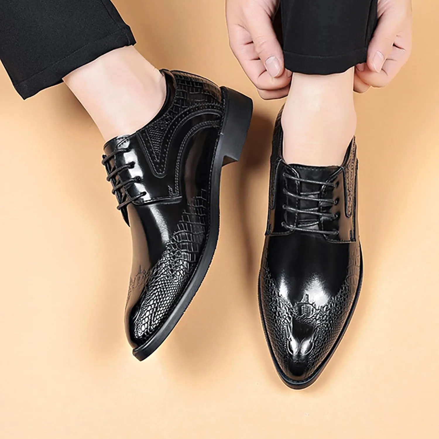 Men's Business Lace Up Leather Shoes Non Slip Fashion Leisure Breathable Comfortable Solid Dress Shoes