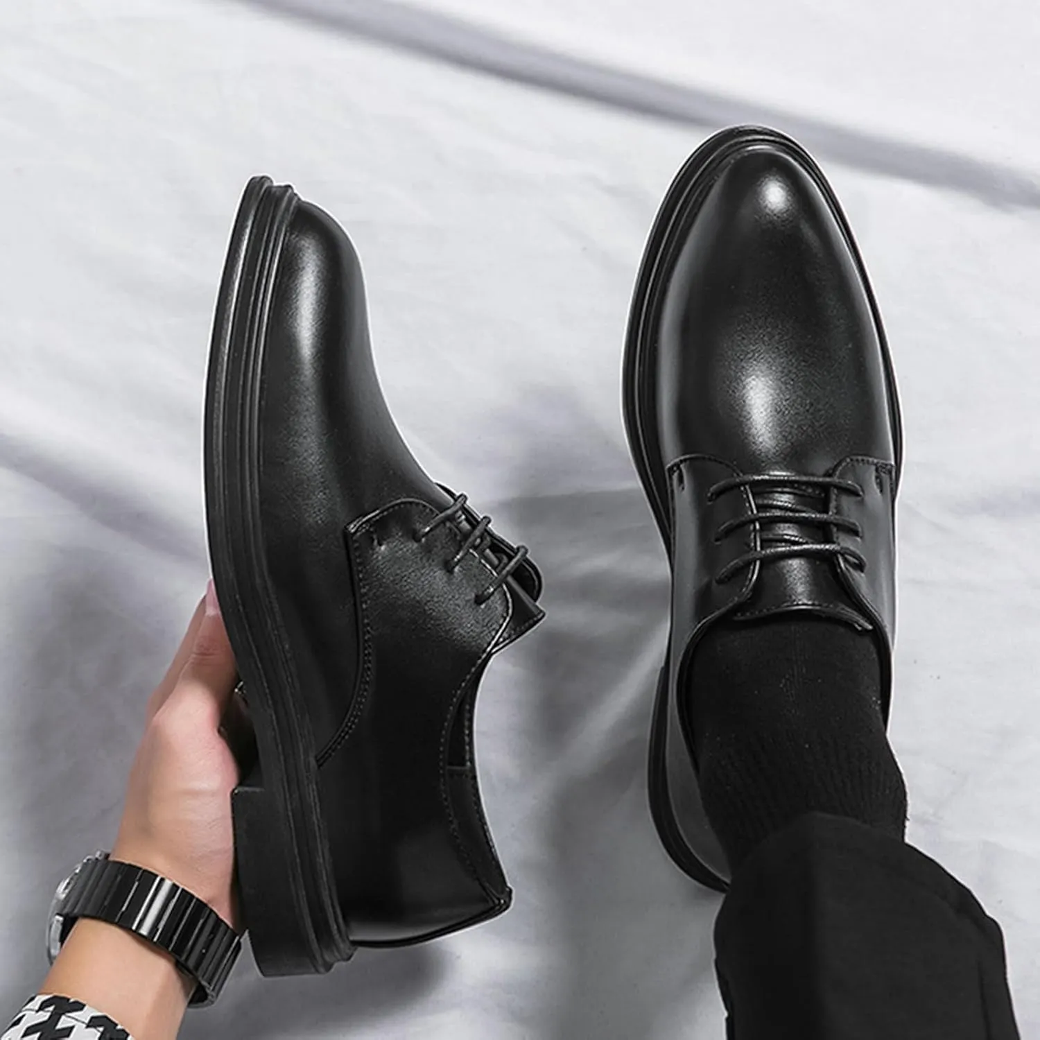 Men's Business Oxford Shoes with Adjustable Laces, Business Pointed Toe Work Shoes Suitable for Wedding Formal Wear