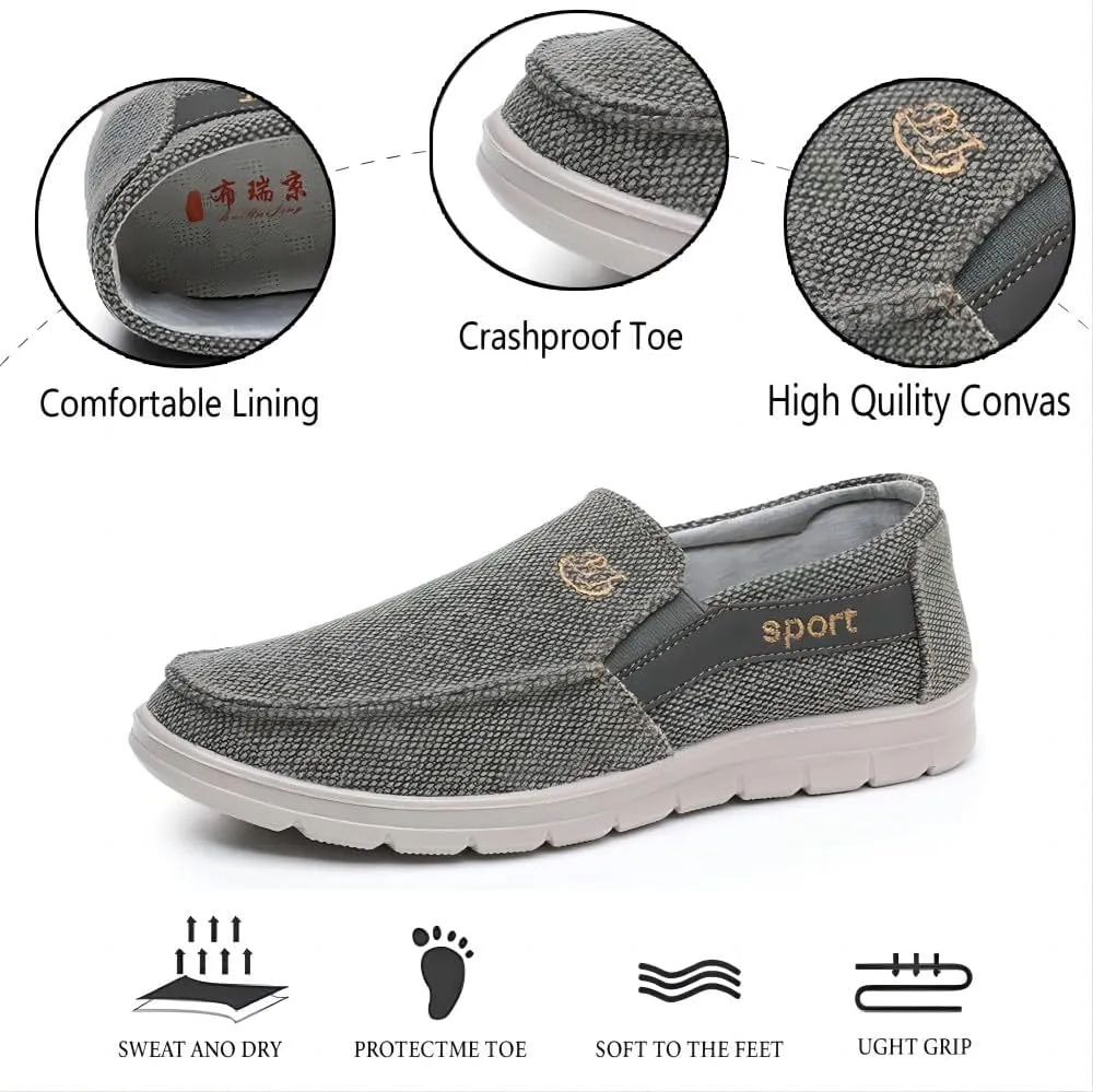 Men's Canvas Casual Flat Loafers Lightweight Walking Outdoor Breathable Cushioning Wide Toe Mesh Camping Shoes