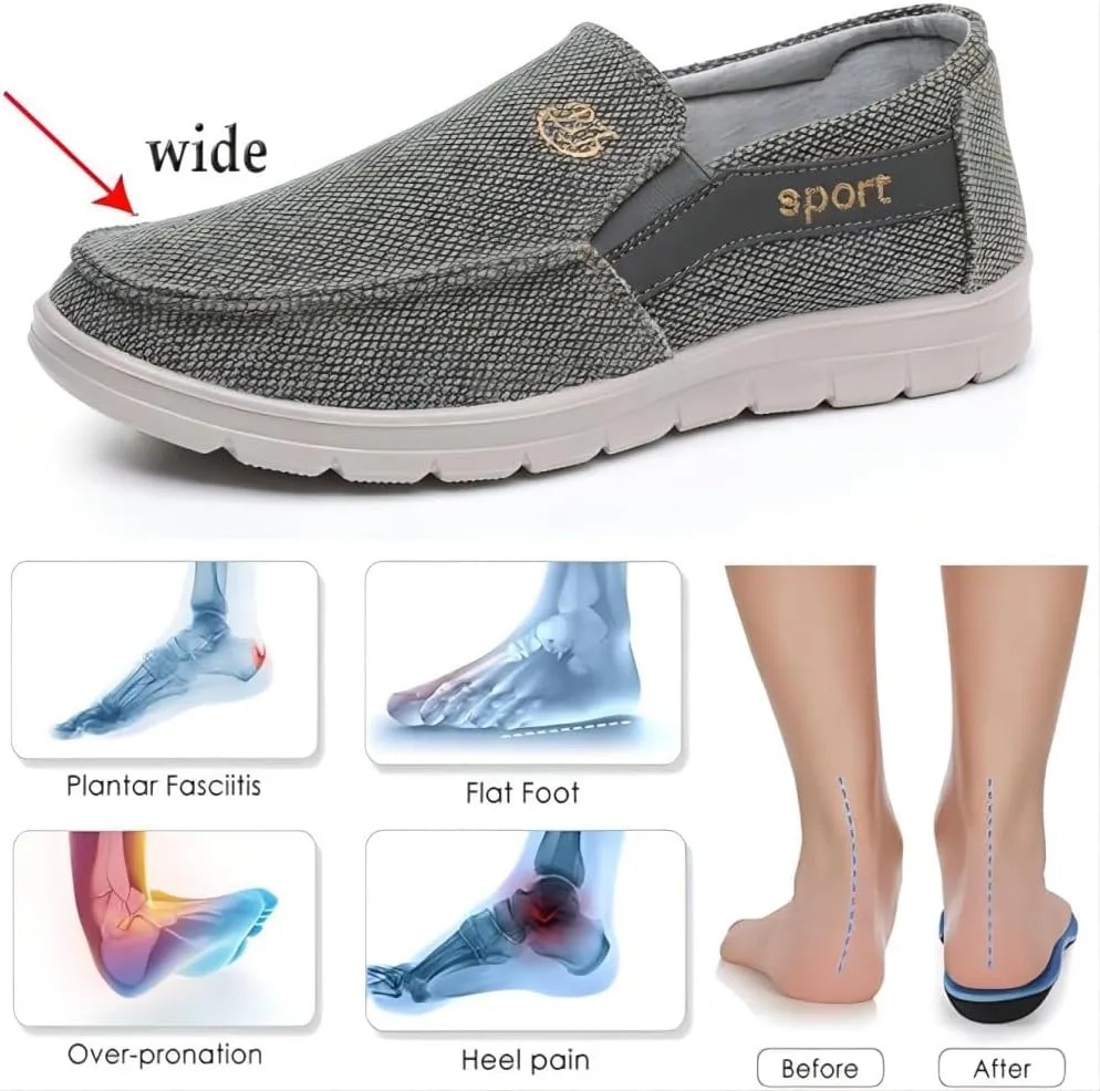 Men's Canvas Casual Flat Loafers Lightweight Walking Outdoor Breathable Cushioning Wide Toe Mesh Camping Shoes