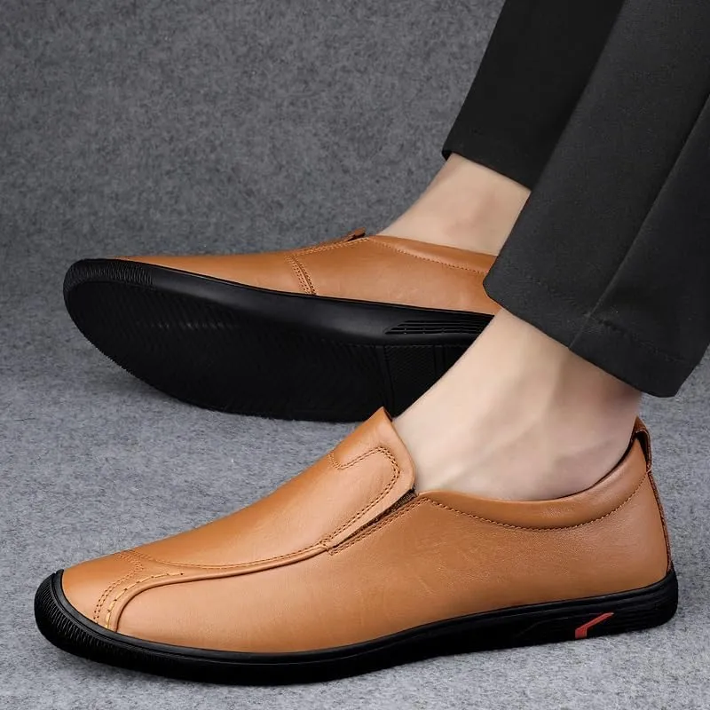 Men's Casual Genuine Leather Flats Hand-Sewed Walking Driving Loafers Shoes Lace-up Casual Comfortable Walking Shoes