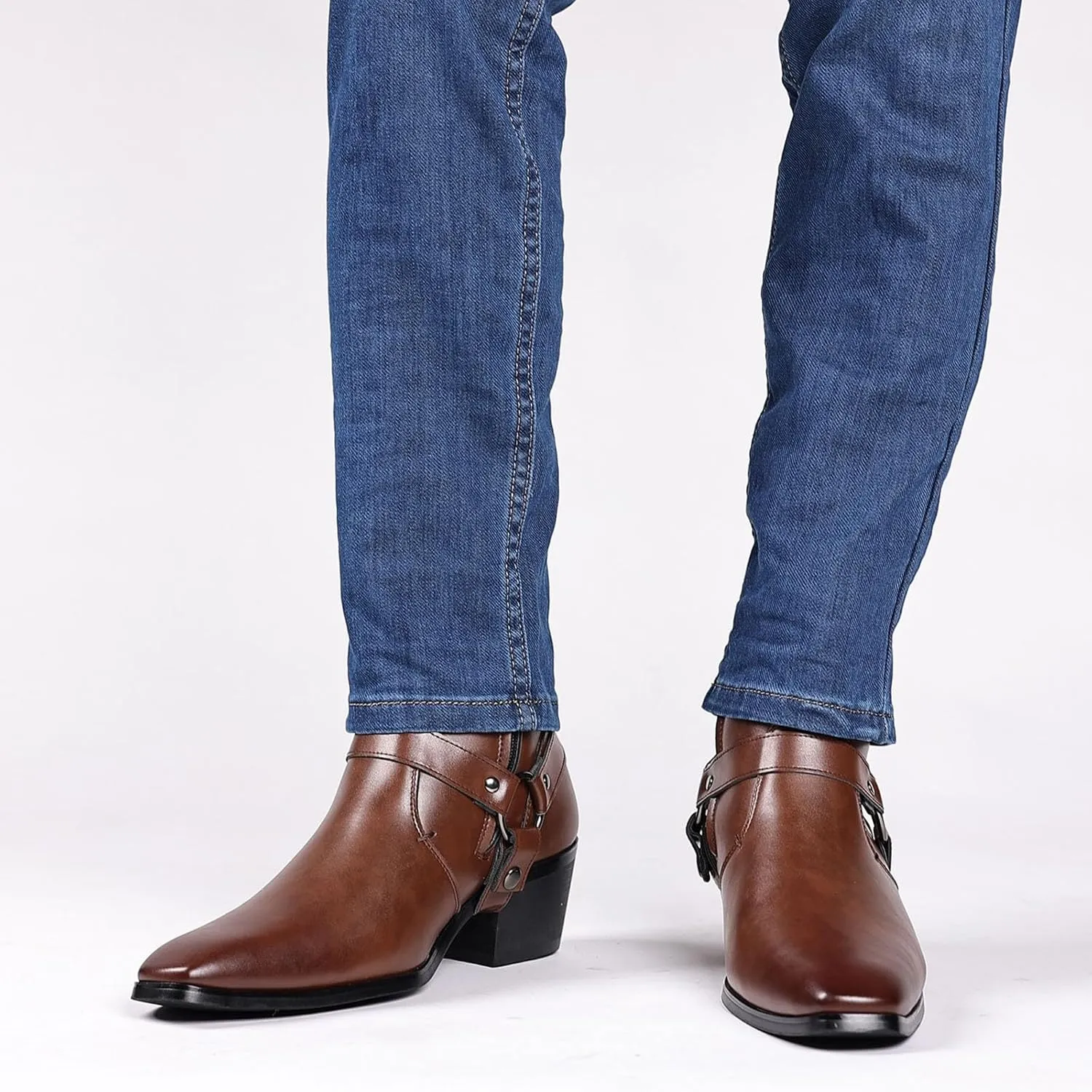 Men's Fashionable Ankle Shoes Low Zipper Thick Heel Boots Wooden Heel Pointed Toe Solid Color Leather Slip Boots Men