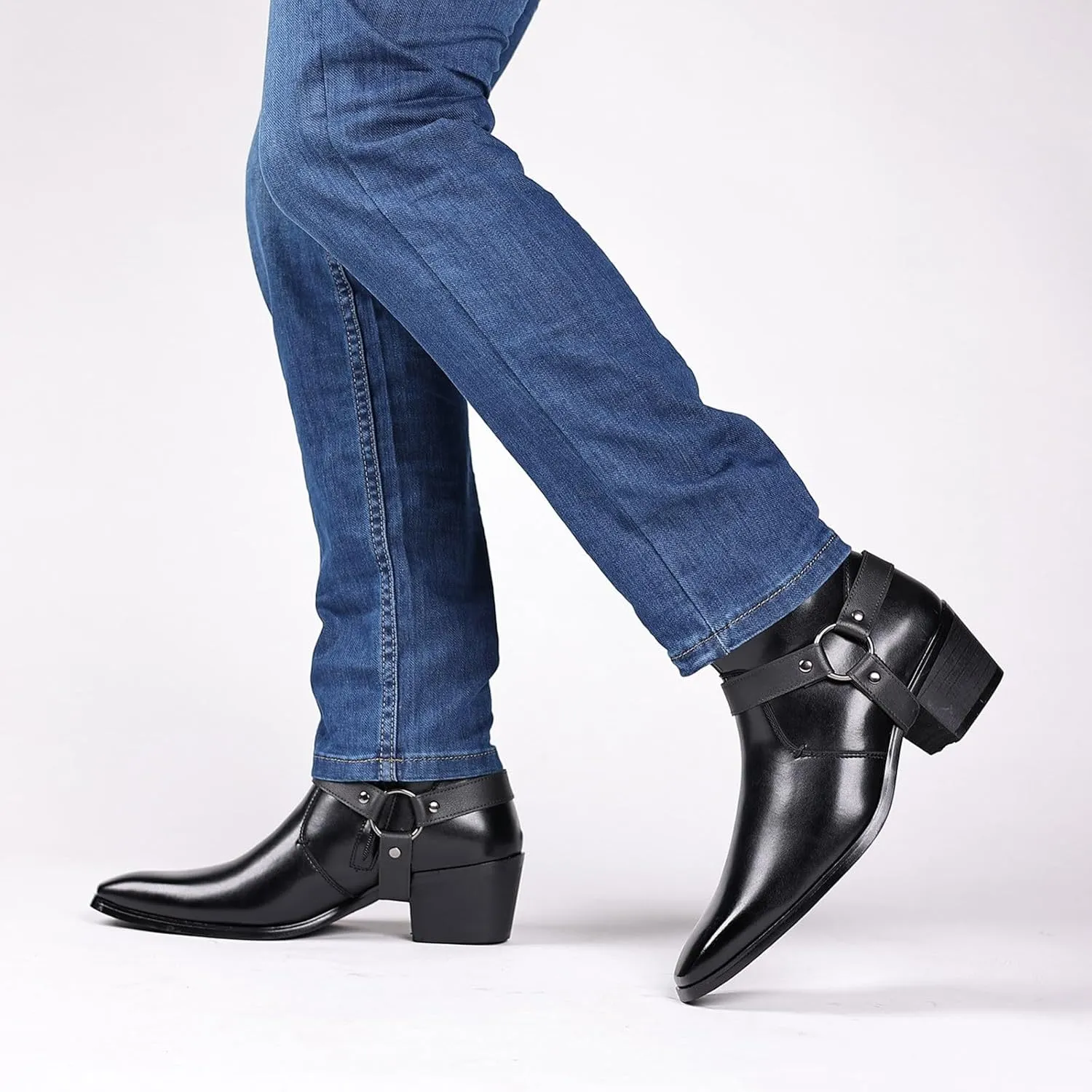 Men's Fashionable Ankle Shoes Low Zipper Thick Heel Boots Wooden Heel Pointed Toe Solid Color Zipper Dress Boots Men