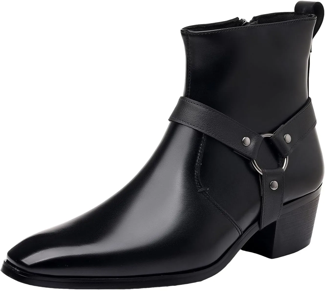 Men's Fashionable Ankle Shoes Low Zipper Thick Heel Boots Wooden Heel Pointed Toe Solid Color Zipper Dress Boots Men