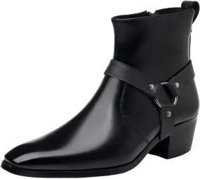 Men's Fashionable Ankle Shoes Low Zipper Thick Heel Boots Wooden Heel Pointed Toe Solid Color Zipper Dress Boots Men