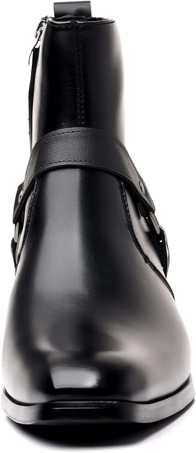 Men's Fashionable Ankle Shoes Low Zipper Thick Heel Boots Wooden Heel Pointed Toe Solid Color Zipper Dress Boots Men
