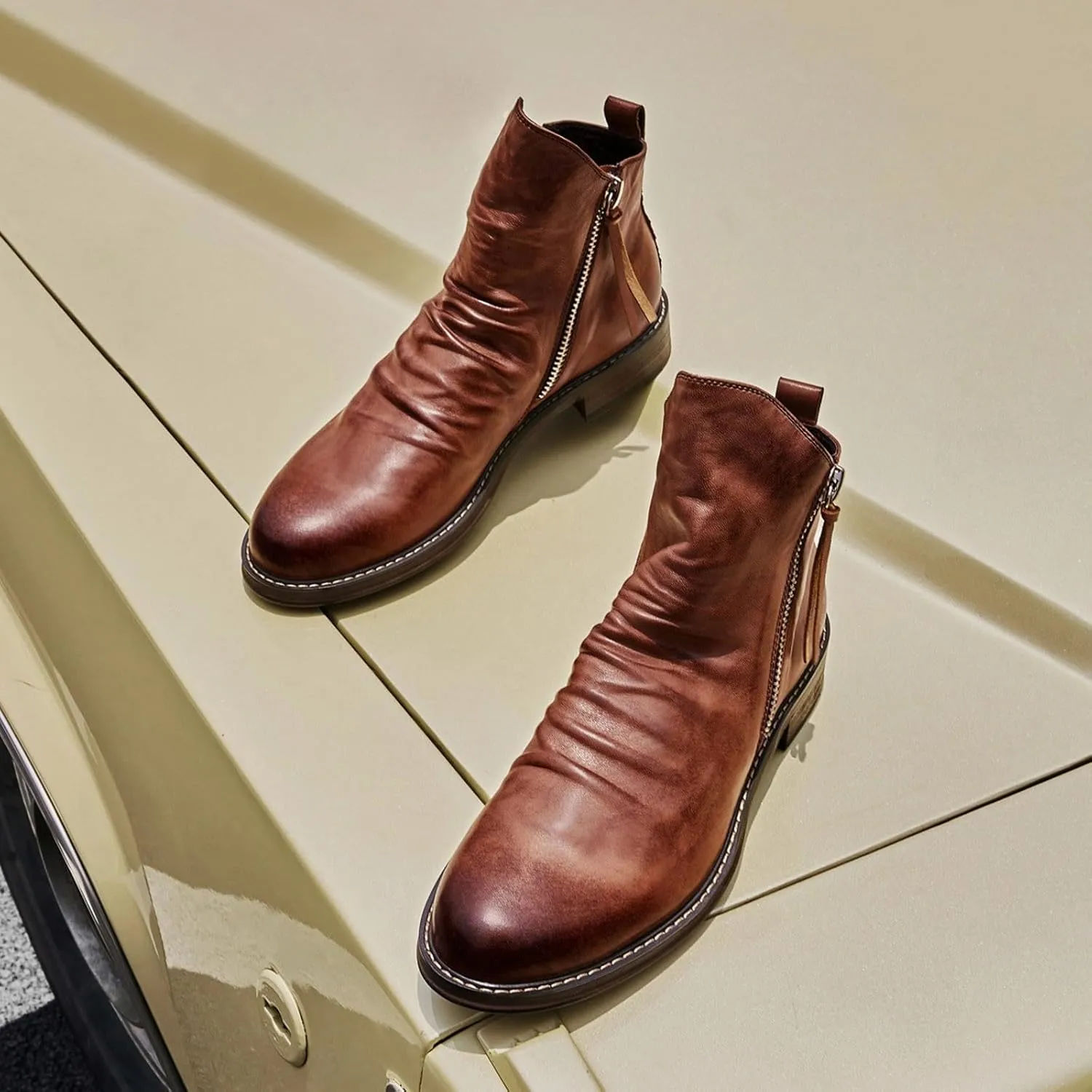 Men's Fashionable Retro Ankle Boots Zipper Sleeve Casual Leather Chukka Boot Water Proof Boys Cowboy Boots with Zipper
