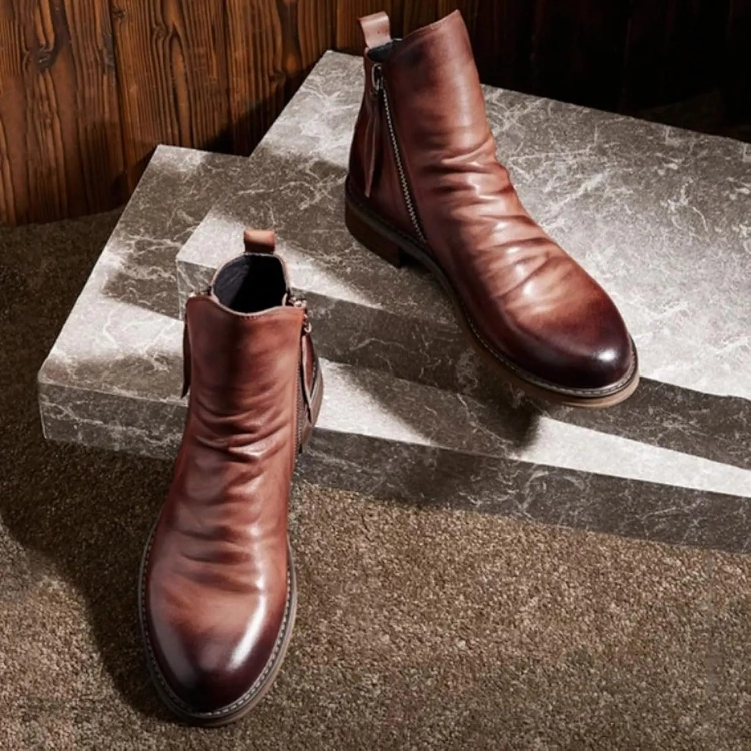 Men's Fashionable Retro Ankle Boots Zipper Sleeve Casual Leather Chukka Boot Water Proof Boys Cowboy Boots with Zipper