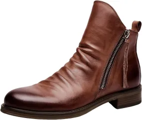 Men's Fashionable Retro Ankle Boots Zipper Sleeve Casual Leather Chukka Boot Water Proof Boys Cowboy Boots with Zipper