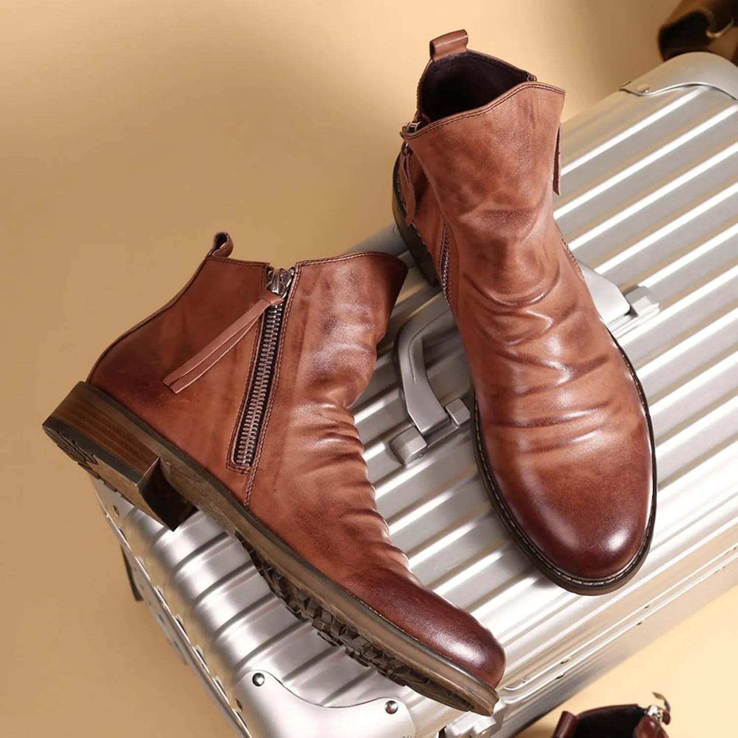 Men's Fashionable Retro Ankle Boots Zipper Sleeve Casual Leather Chukka Boot Water Proof Boys Cowboy Boots with Zipper