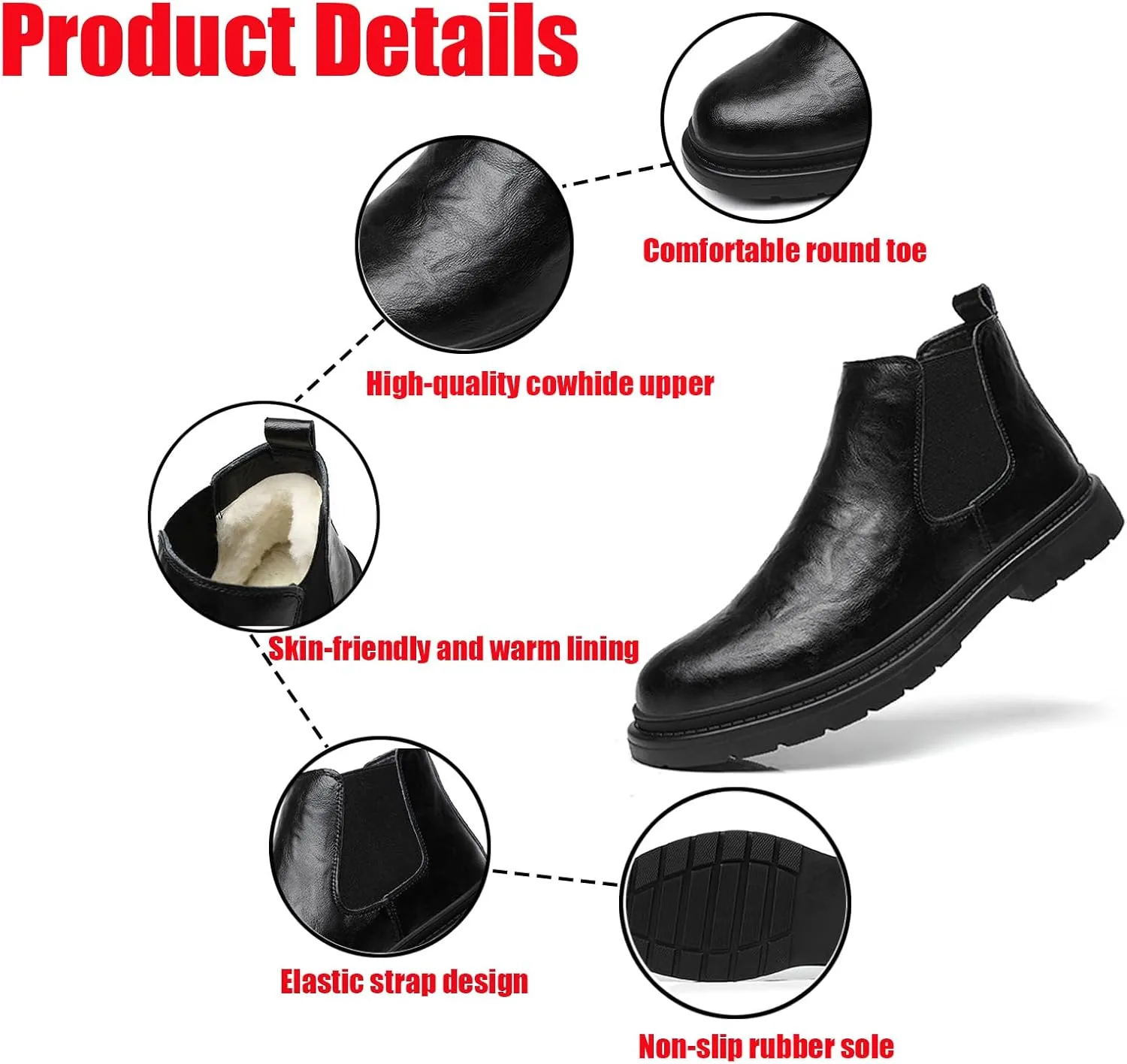 Men's Fur Lined Warm Elastic Slip-on Chelsea Ankle Boots Fashion Round Toe Mid-Top Dress Boots Casual Non Slip Lug Sole Winter Booties