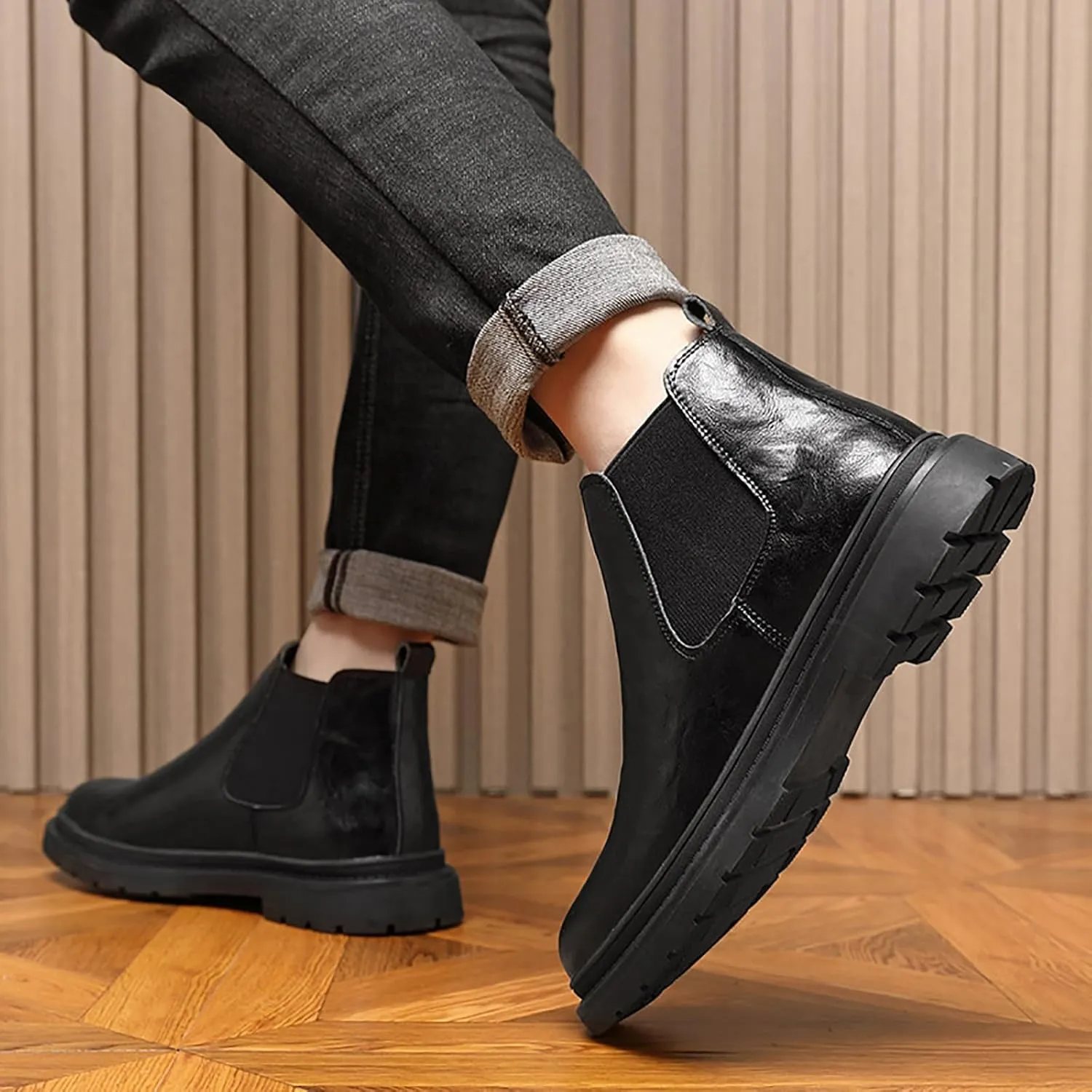 Men's Fur Lined Warm Elastic Slip-on Chelsea Ankle Boots Fashion Round Toe Mid-Top Dress Boots Casual Non Slip Lug Sole Winter Booties