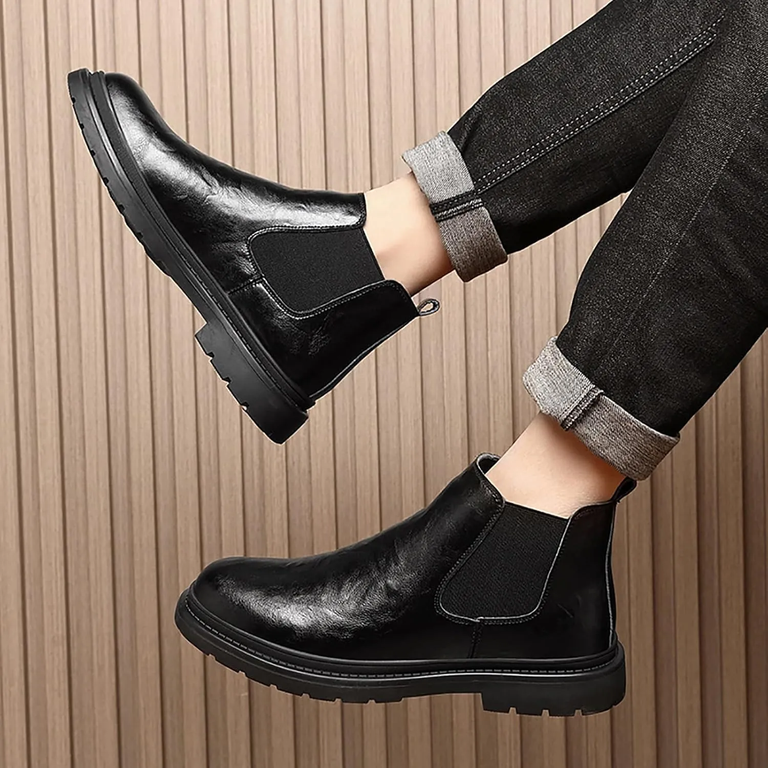Men's Fur Lined Warm Elastic Slip-on Chelsea Ankle Boots Fashion Round Toe Mid-Top Dress Boots Casual Non Slip Lug Sole Winter Booties