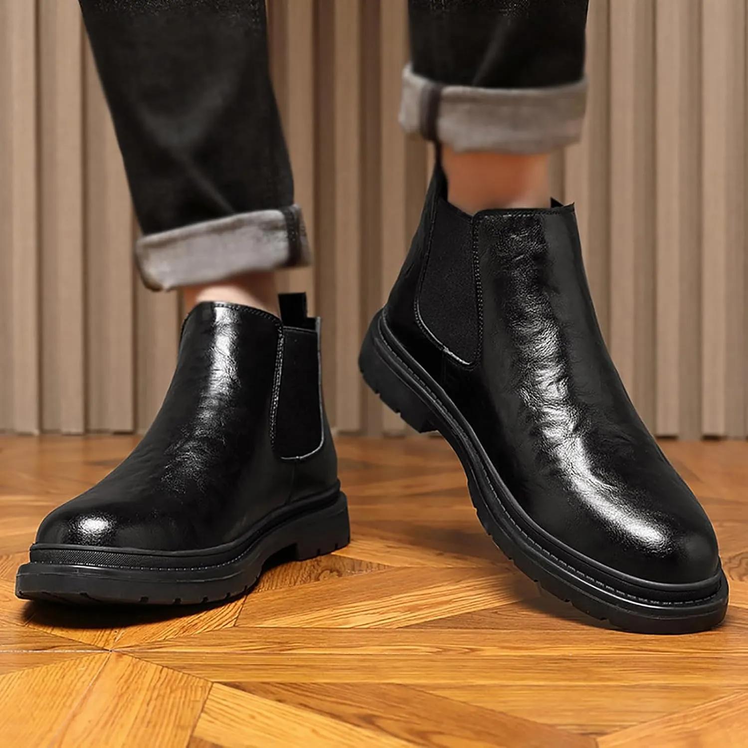Men's Fur Lined Warm Elastic Slip-on Chelsea Ankle Boots Fashion Round Toe Mid-Top Dress Boots Casual Non Slip Lug Sole Winter Booties