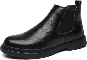 Men's Fur Lined Warm Elastic Slip-on Chelsea Ankle Boots Fashion Round Toe Mid-Top Dress Boots Casual Non Slip Lug Sole Winter Booties