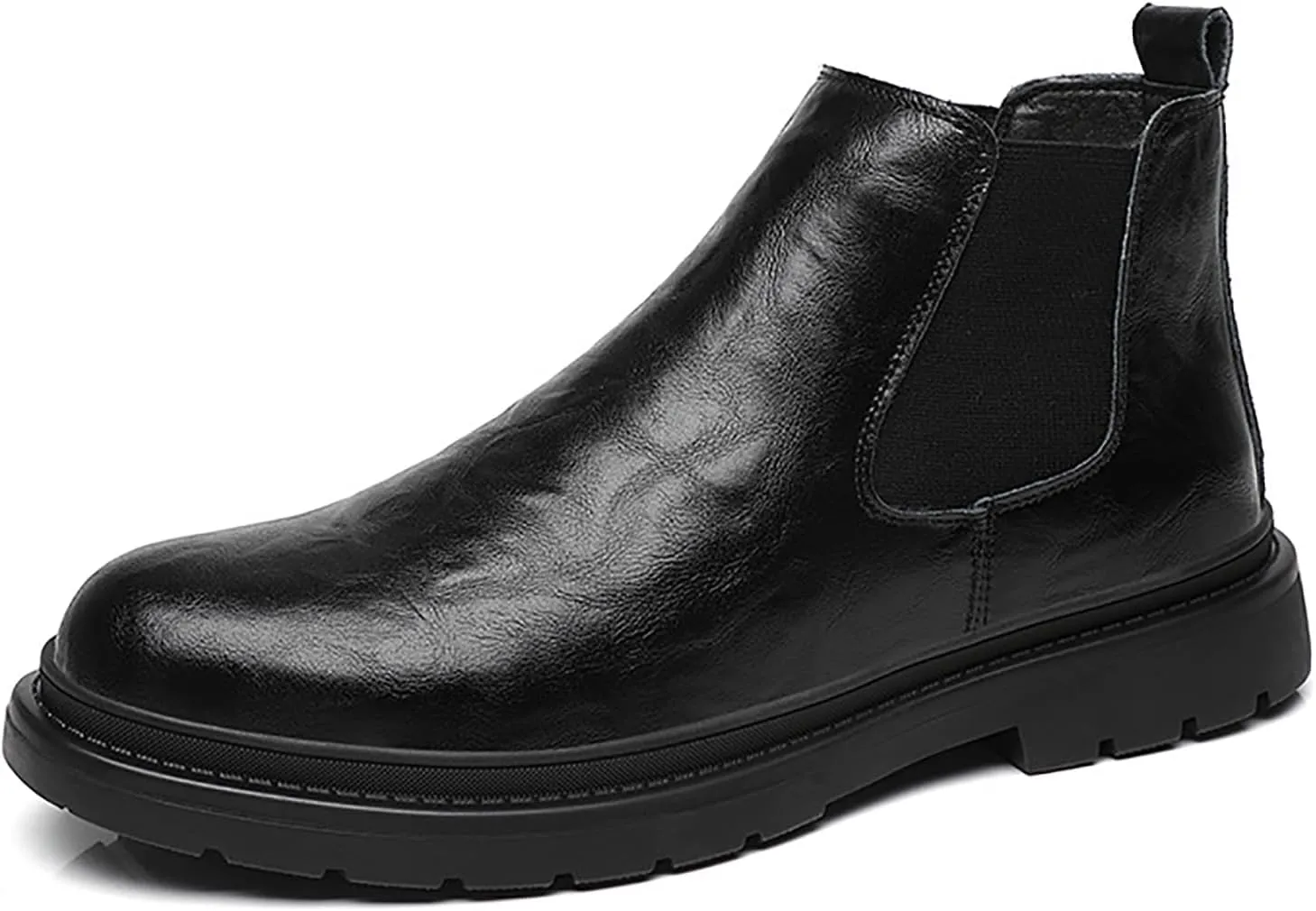 Men's Fur Lined Warm Elastic Slip-on Chelsea Ankle Boots Fashion Round Toe Mid-Top Dress Boots Casual Non Slip Lug Sole Winter Booties
