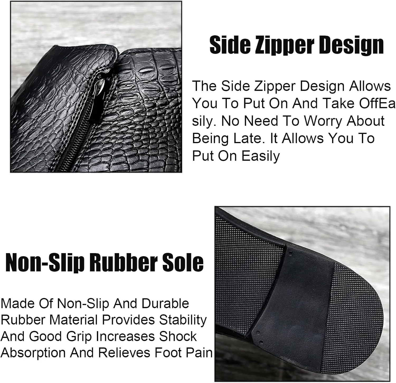 Men's Genuine Leather Alligator Printed Low Heel Ankle Boots Fashion Round Toe Side Zipper Business Dress Booties for Office Work