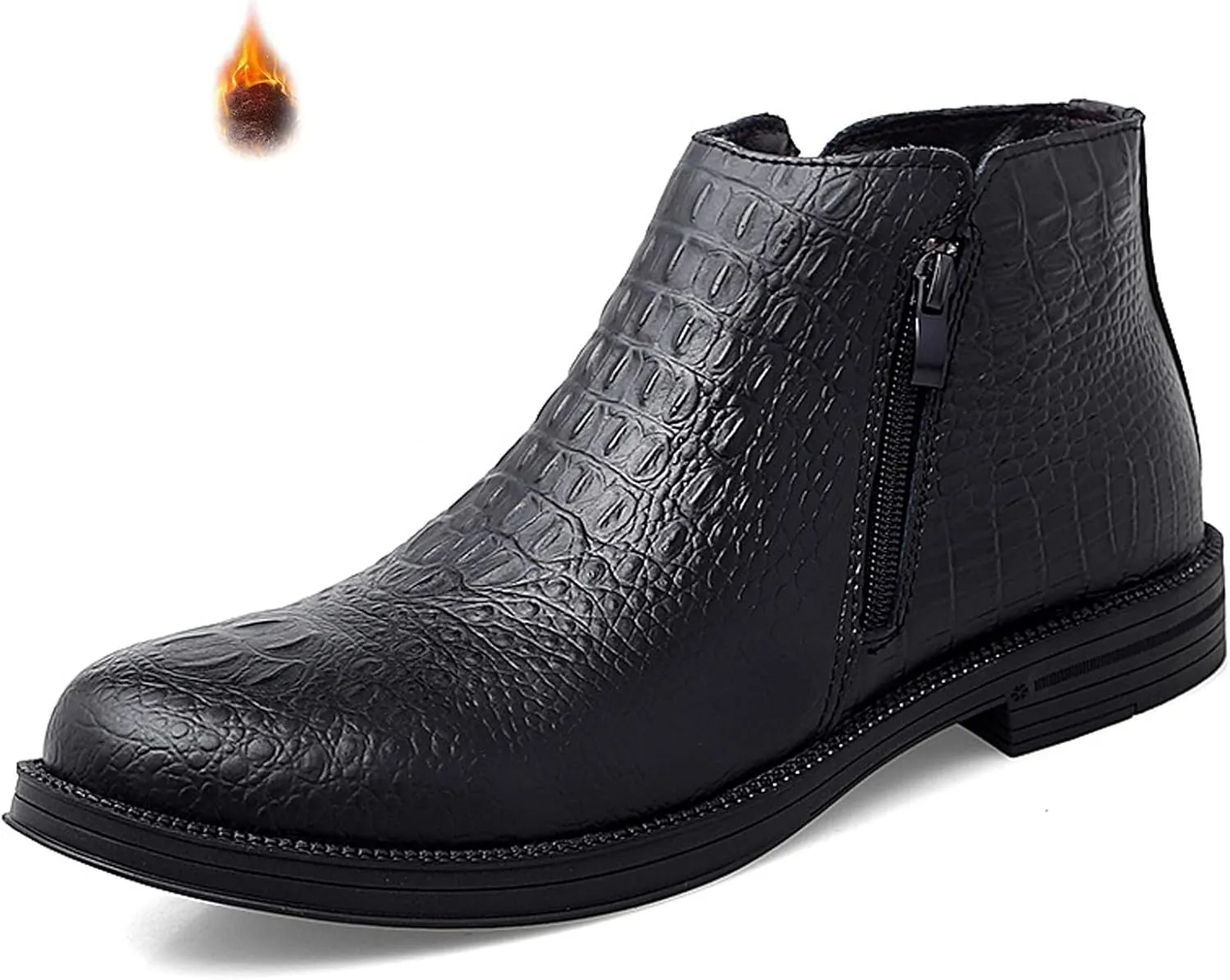 Men's Genuine Leather Alligator Printed Low Heel Ankle Boots Fashion Round Toe Side Zipper Business Dress Booties for Office Work