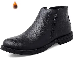 Men's Genuine Leather Alligator Printed Low Heel Ankle Boots Fashion Round Toe Side Zipper Business Dress Booties for Office Work
