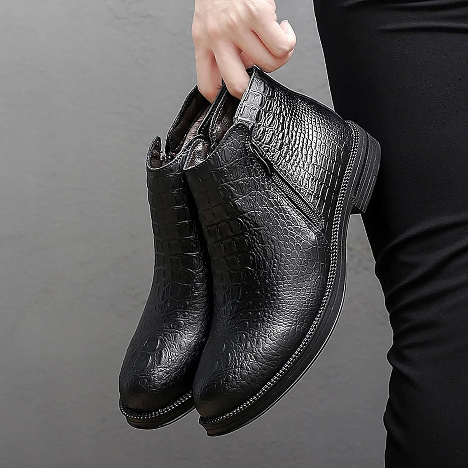 Men's Genuine Leather Alligator Printed Low Heel Ankle Boots Fashion Round Toe Side Zipper Business Dress Booties for Office Work