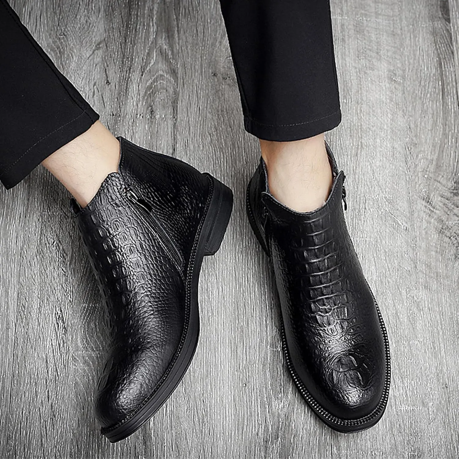 Men's Genuine Leather Alligator Printed Low Heel Ankle Boots Fashion Round Toe Side Zipper Business Dress Booties for Office Work