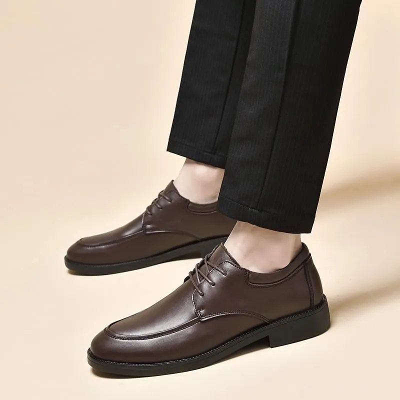 Men's Genuine Leather Oxford Shoes - Retro Pointed Toe Derby Shoes with Chunky Heel for Business and Formal Occasions