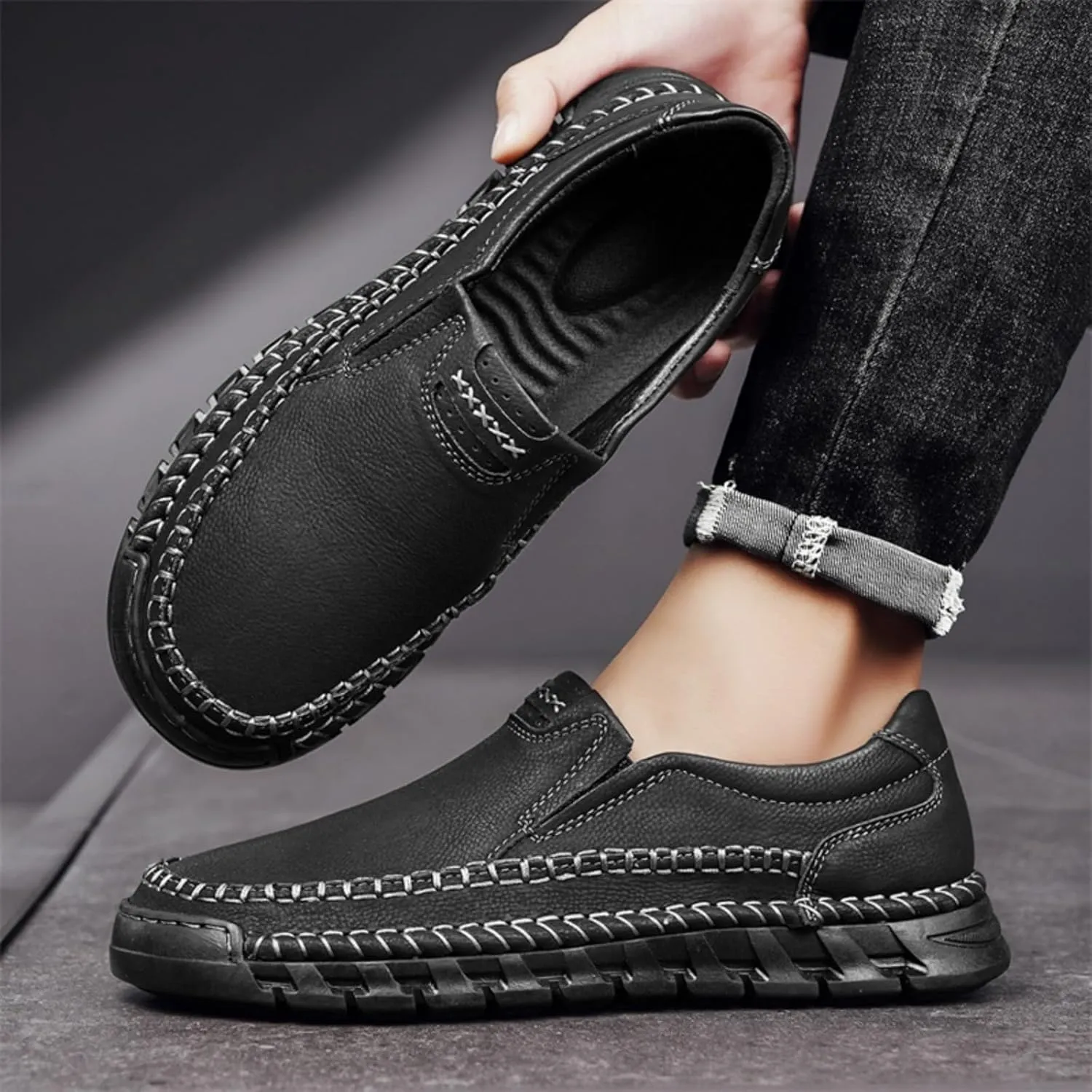 Men's Hand - Sewn Loafers Slip - On Casual Leather Dress Shoes Lightweight Comfortable Driving Walking Shoes