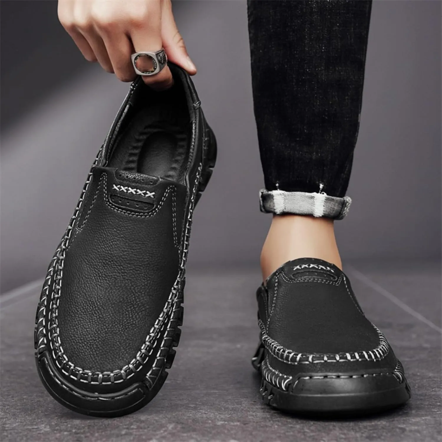 Men's Hand - Sewn Loafers Slip - On Casual Leather Dress Shoes Lightweight Comfortable Driving Walking Shoes
