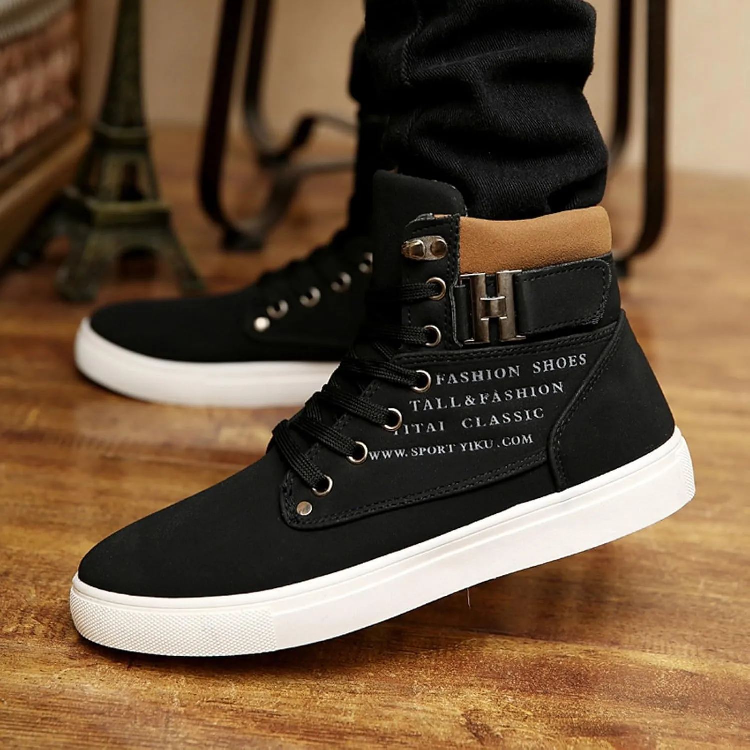 Men's High Top Sneakers Retro Casual Lace Up Sport Shoes Comfort Flat Bottom Walking Boots Outdoor Tall Water Boots Men