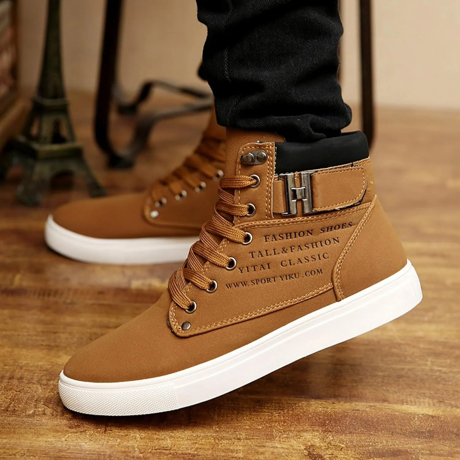 Men's High Top Sneakers Retro Casual Lace Up Sport Shoes Comfort Flat Bottom Walking Boots Outdoor Tall Water Boots Men