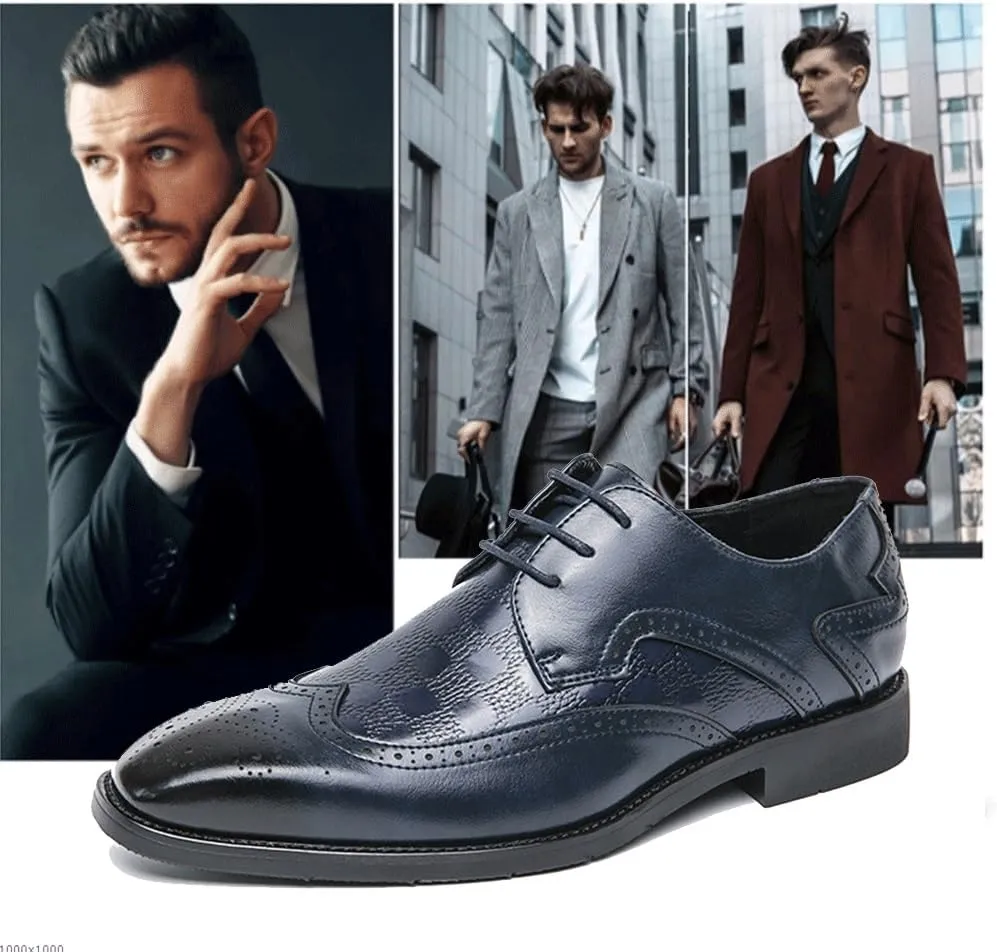 Men's Lace-Up Leather Oxford Dress Shoes with Pointed Toe and Brogue Detailing | Wingtip Design and Block Heel for Business Attire | Anti-Slip Rubber Sole for Comfort and Style