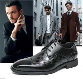 Men's Lace-Up Leather Oxford Dress Shoes with Pointed Toe and Brogue Detailing | Wingtip Design and Block Heel for Business Attire | Anti-Slip Rubber Sole for Comfort and Style