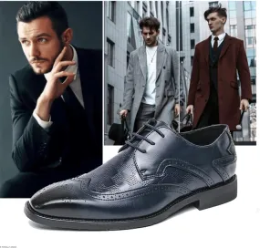 Men's Lace-Up Leather Oxford Dress Shoes with Pointed Toe and Brogue Detailing | Wingtip Design and Block Heel for Business Attire | Anti-Slip Rubber Sole for Comfort and Style