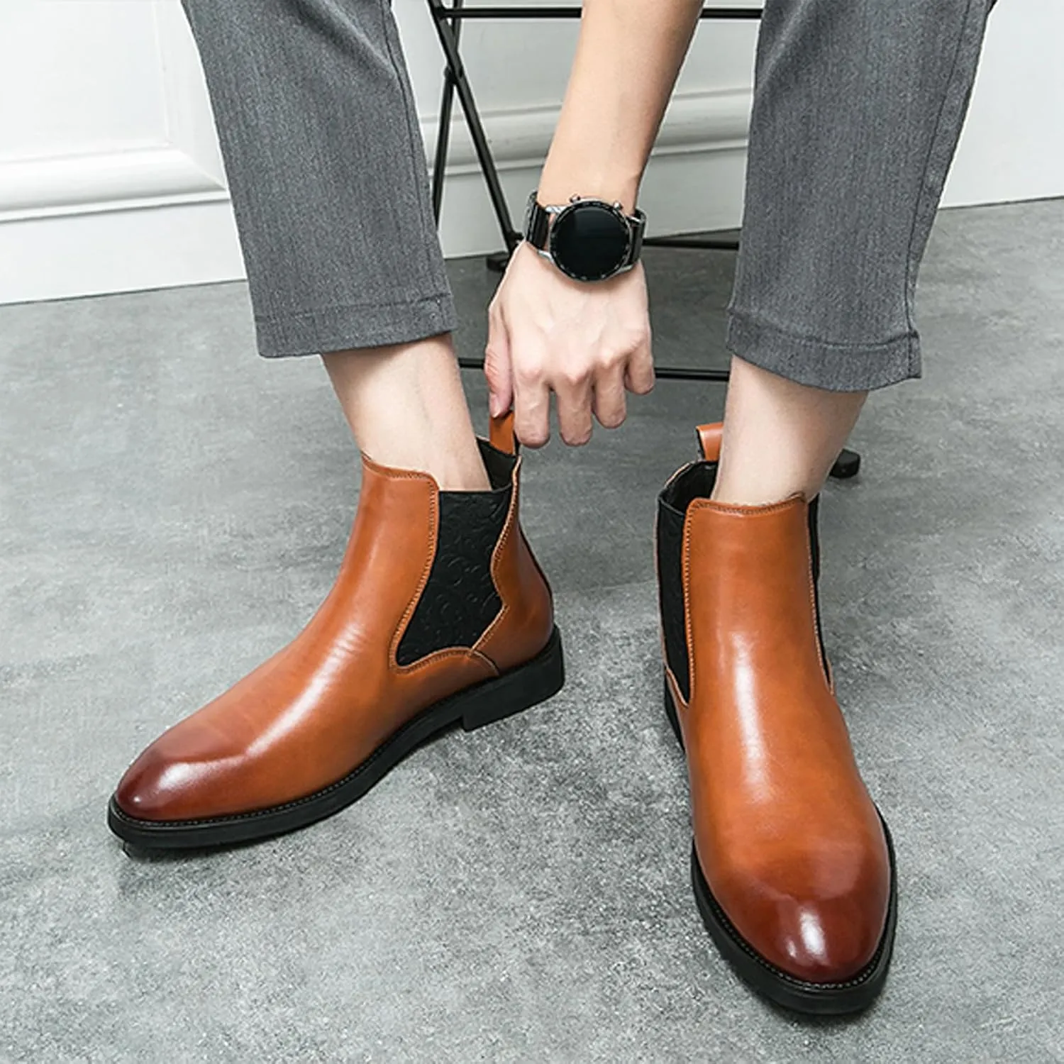 Men's Leather Chelsea Ankle Boots Lightweight Casual Slip-on Chukka Boots Classic Elastic Business Dress Boots
