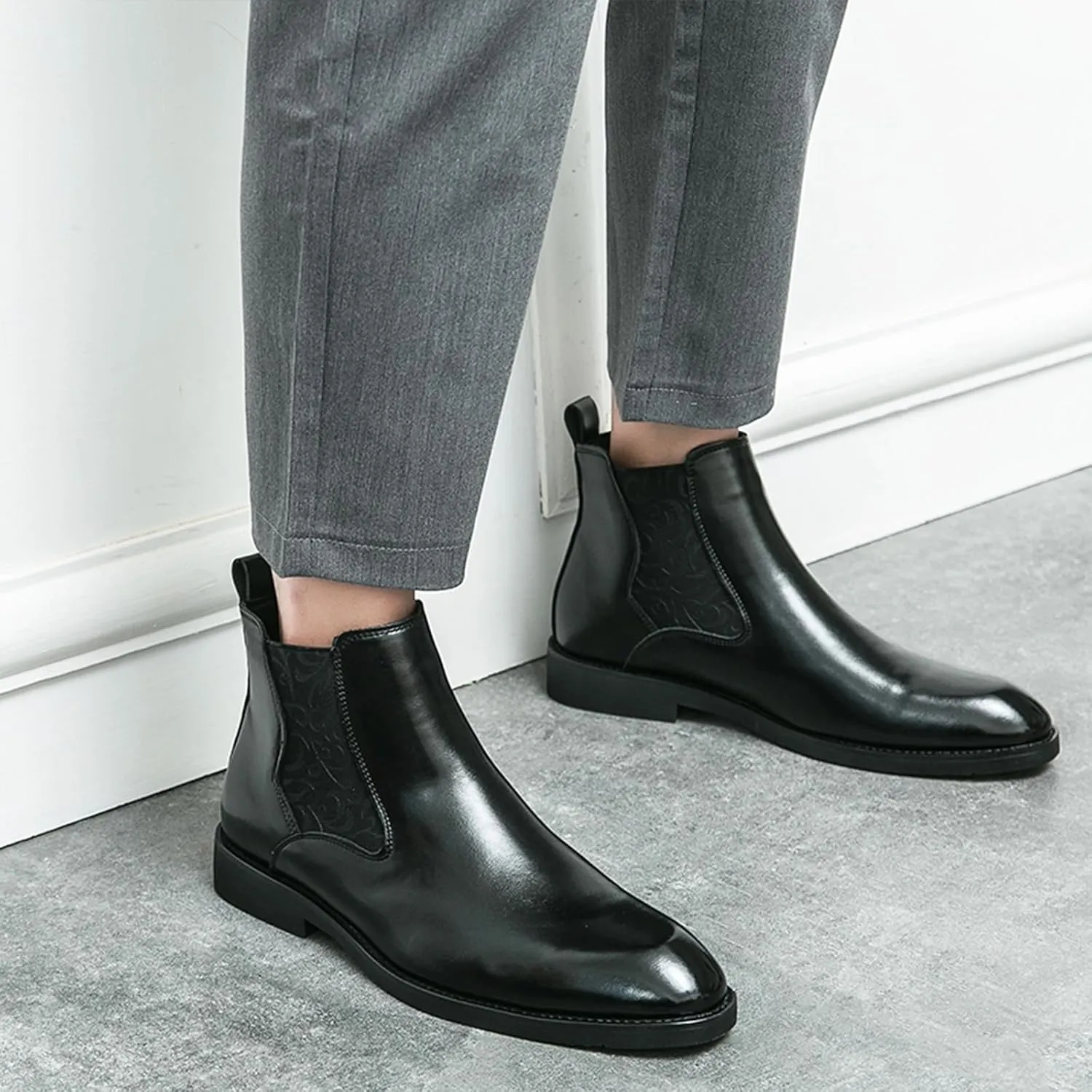 Men's Leather Chelsea Ankle Boots Lightweight Casual Slip-on Chukka Boots Classic Elastic Business Dress Boots