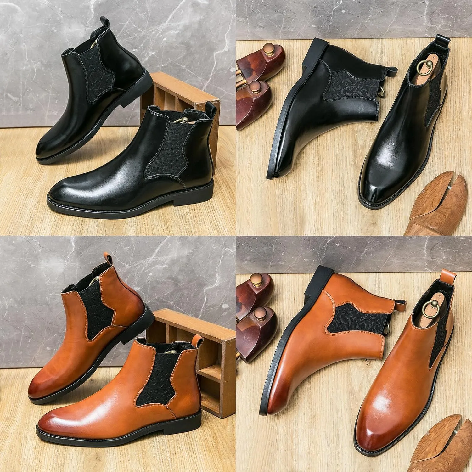 Men's Leather Chelsea Ankle Boots Lightweight Casual Slip-on Chukka Boots Classic Elastic Business Dress Boots