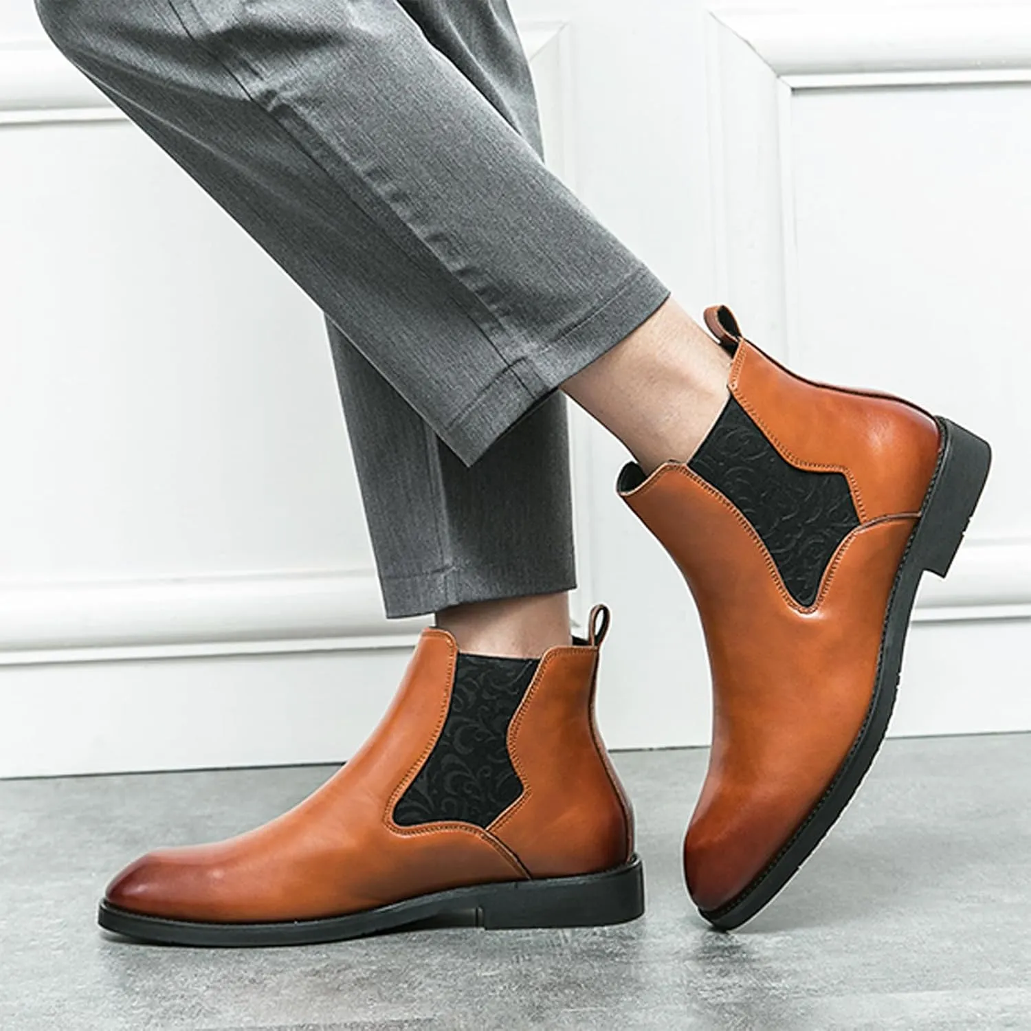 Men's Leather Chelsea Ankle Boots Lightweight Casual Slip-on Chukka Boots Classic Elastic Business Dress Boots